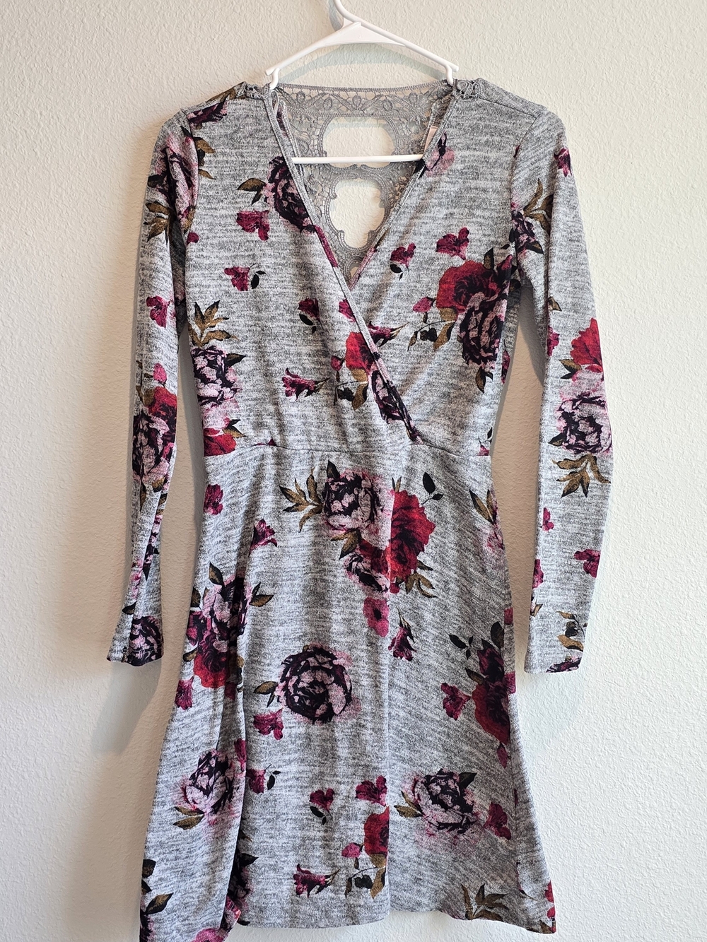 Mudd Grey Floral Wrap-Style Long Sleeve Dress - Pink Rose Print